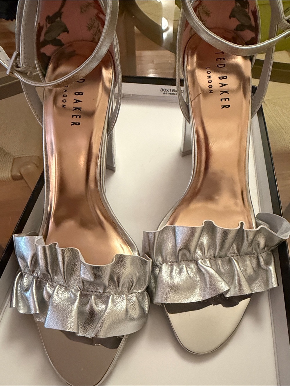 Ted Baker Silver Ruffle Ankle-Strap Block Heels - Picture 2 of 5